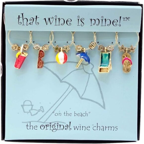 That Wine is Mine Wine Charms On the Beach 6-Piece Markers Charms Tags Glasses W - Picture 2 of 5